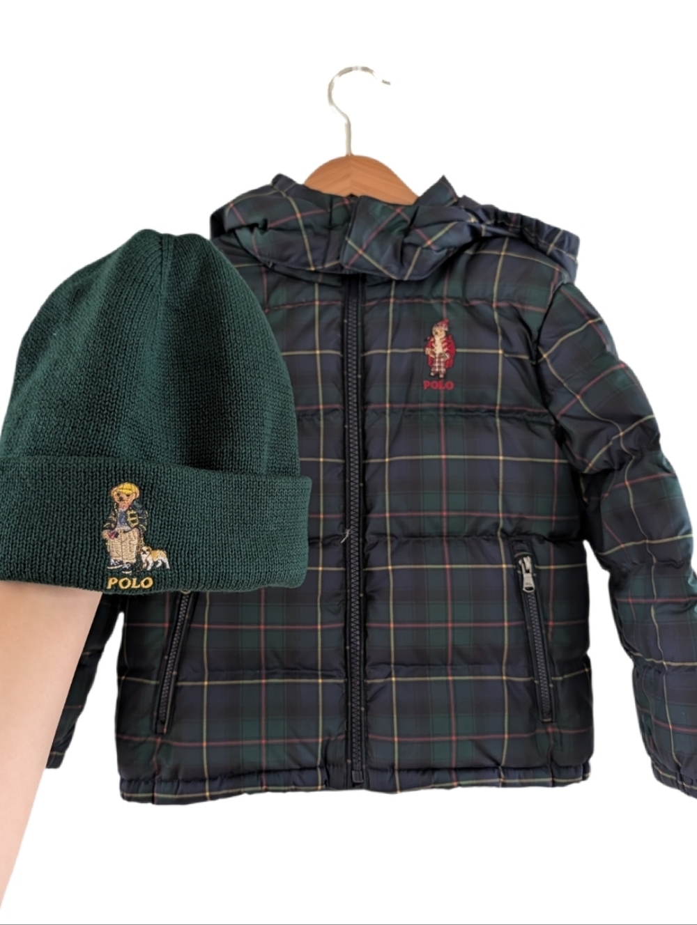 Ralph‎ Lauren 4T Toddler Boy Puffer Jacket | Green Plaid Jacket & Toque